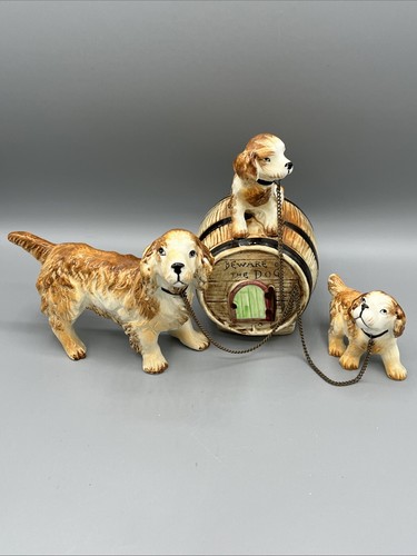Vintage Wales Japan Ceramic Bank Spaniel Dog Puppy Figures Chained to Barrel
