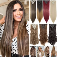 US 8 Pieces Clip In Hair Extensions Full Head Natural As Human Real Long Wavy