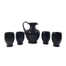 Tiara Indiana Glass Black Ebony Hobnail Pitcher and 4 Tumblers Vintage 1970s USA