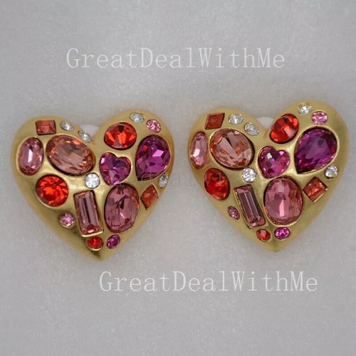 Clip On Earrings Purple PInk CZ HUGE Heart For Women gift love - Picture 10 of 10