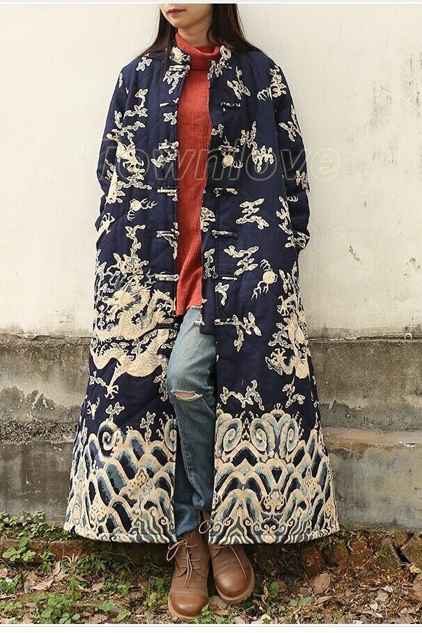 Retro Women Collar Robe Long Quilted Jacket Chinese Qipao Dargon Coat ...