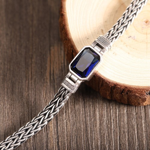Real 925 Sterling Silver With Blue Zircon Wheat Link Bracelet 7.87inch - Picture 2 of 5