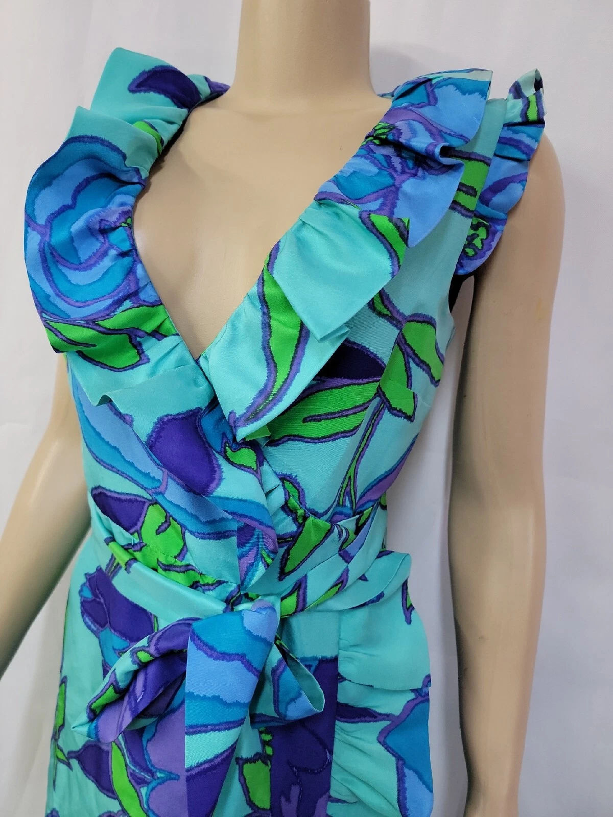 ABITO KATE SPADE AUBREY AVVOLGENTE 100% SETA CONCHIGLIA STAMPA FLOREALE FIORI BLU #C