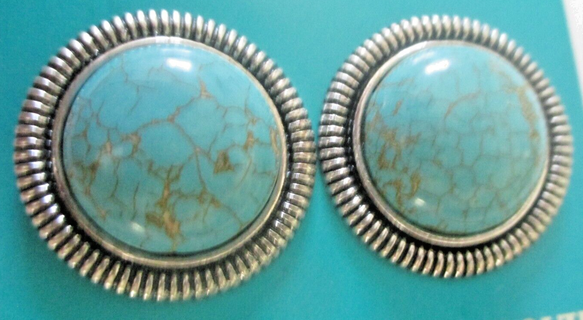 Boucles D'oreilles Anciennes Clips, Turquoise Et Noir, Gravées ITALY - Occasion