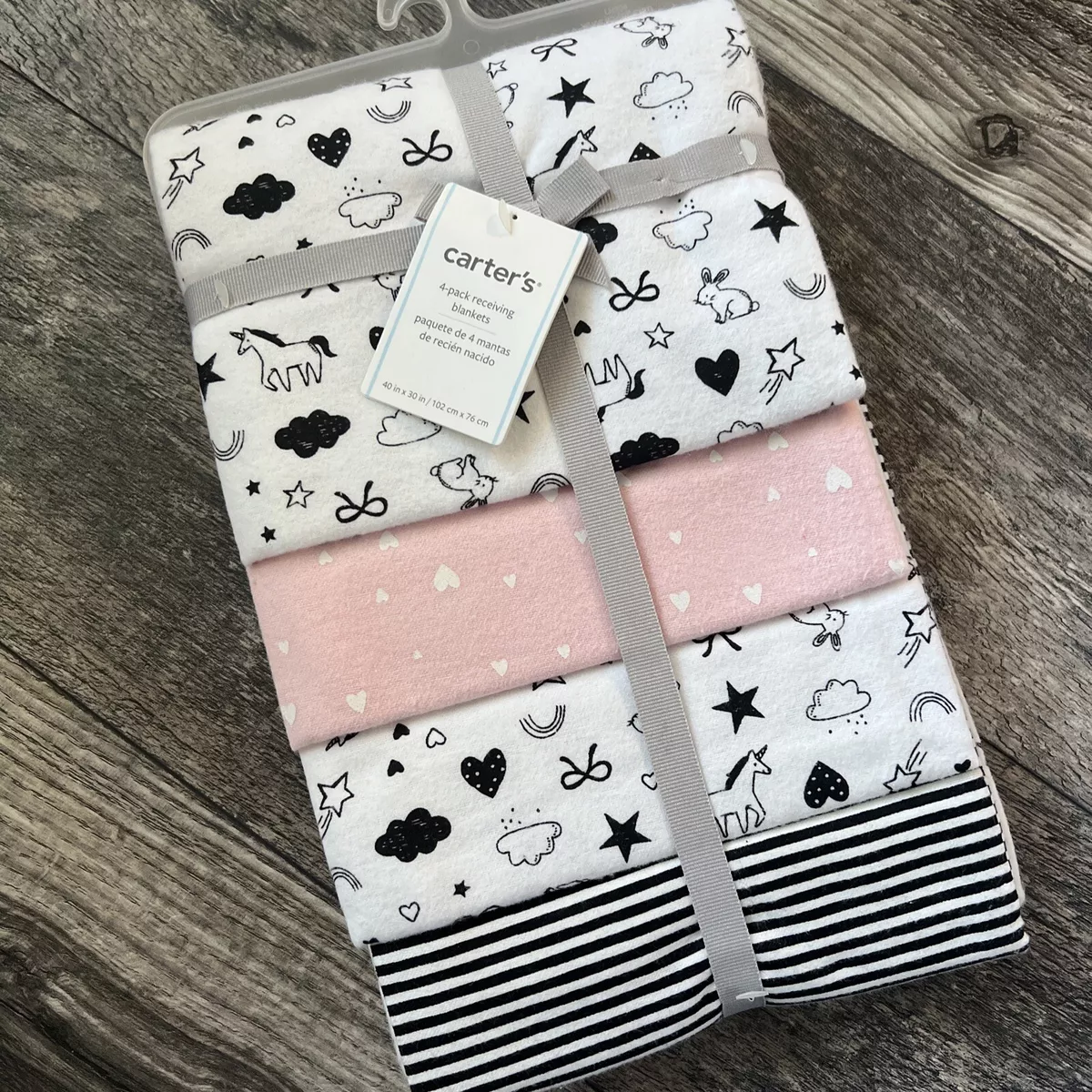 Carters 4 pack receiving blankets 40 x30 new cotton Black Pink White