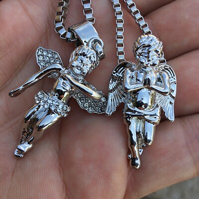 Double Angel Pendant Necklace Set of 2 Silver Tone 24