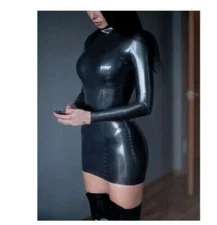 077 Latex Dress Women  Latex Dress Long Sleeve Back Zip summer dress