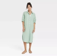 Women  s Universal Thread Cotton Green Striped 3/4 Sleeve Midi Shirt Dress Sz S