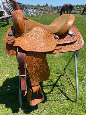 Used 15'' Big Horn tooled Western all-around saddle w/semi bars US made