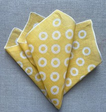 Vintage Yellow w/ Circles Design Handkerchief / Pocket Square Hand Rolled 13.5"