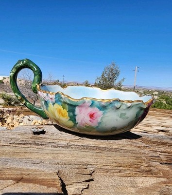 Antique JPL Limoges France Hand Painted Raised Rim Roses Handled Bowl Gold Gilt