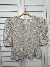 Express Polka Dot Puff Sleeve Linen Blend Smocked Peplum Top Women’s Size Medium