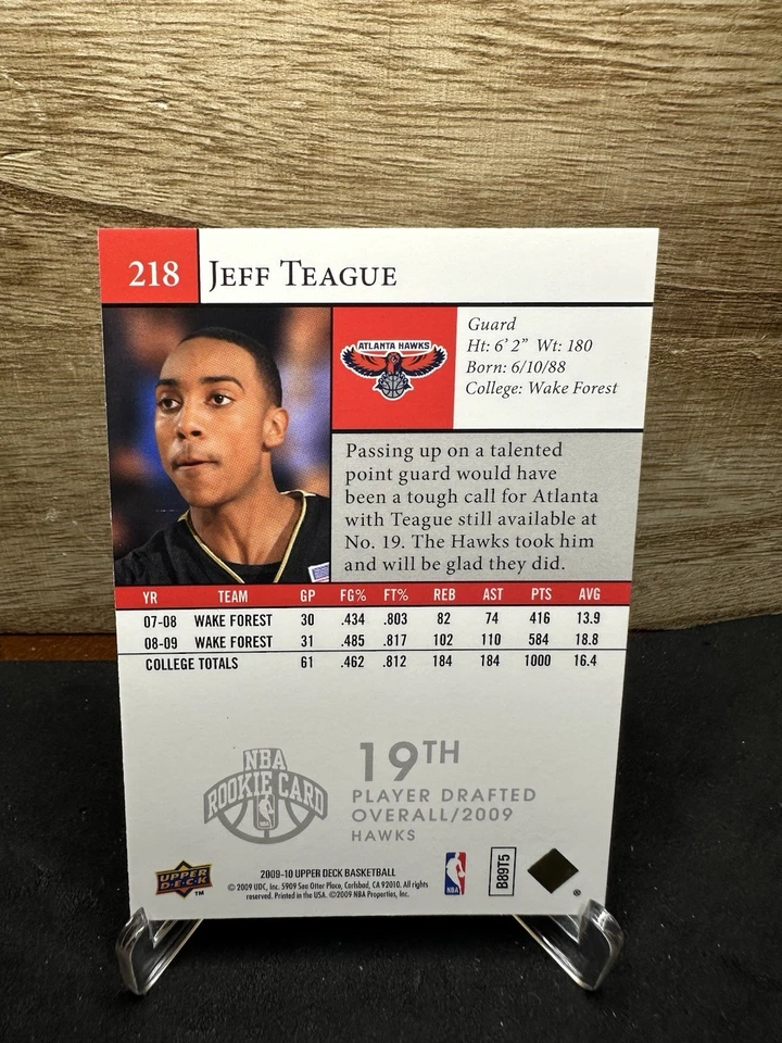 2009-10 Upper Deck 篮球 #218 Jeff Teague 新秀 RC 亚特兰大老鹰队 — 第 2/2 张图片