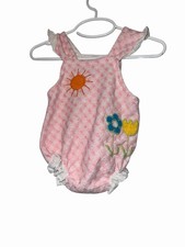 Vtg Carter's Pink Terrycloth checked sun flower emb romper eyelet trim 6m