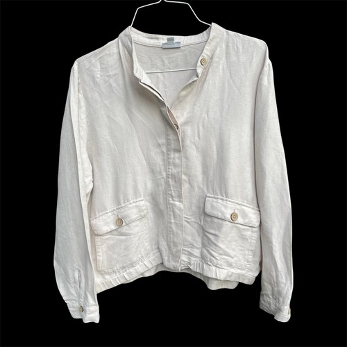 J. Jill Women Size Large L Button Up Jacket Tan Linen Blend Lagenlook Pockets