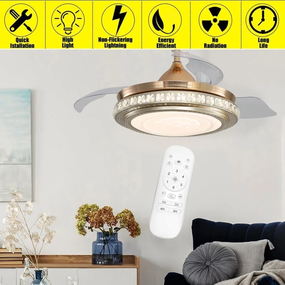 Warmiehomy 42" Ceiling Fan with Lights Retractable Blades 36W LED Gold - Image 2 of 4