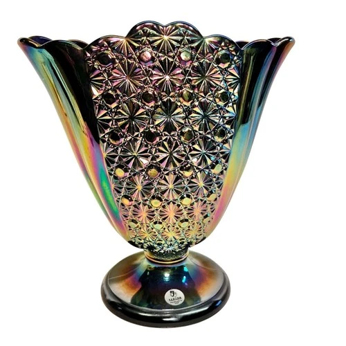 Fenton Black Button Daisy Fan Vase Oval Footed Iridescent Rainbow Carnival Vtg