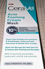 CeraVe Acne Foaming Cream Wash 10 Benzoyl Peroxide Max Strength Face/Body