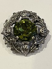 Vintage Miracle Scotish Celtic Bright Green Glass Stone Thistle Signed Brooch VG
