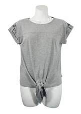 Set The Stage Top Short Sleeve Round Neck Tie Front Ribbed Gray Womens S