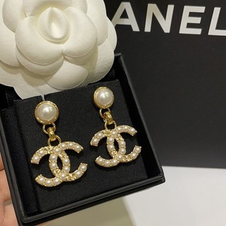 100% Authentic CHANEL CC Logo White Pearl Earrings