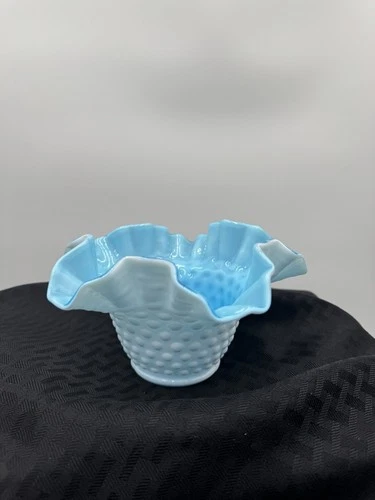 Vintage  Milk Cased Glass Hobnail Opaque Turquoise Ruffled Candy Dish