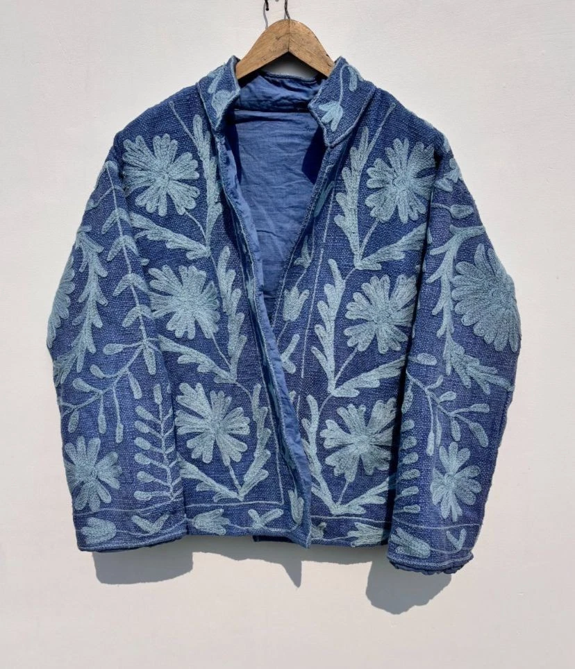 Bohemian Indigo Blue Hand Embroidered Floral Jacket Artisan Ethnic Suzani Coat
