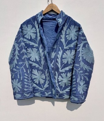 Bohemian Indigo Blue Hand Embroidered Floral Jacket Artisan Ethnic Suzani Coat