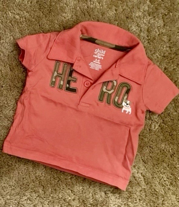 Coral “Hero” and Dog Themed 3-6 Months Short Sleeve Polo