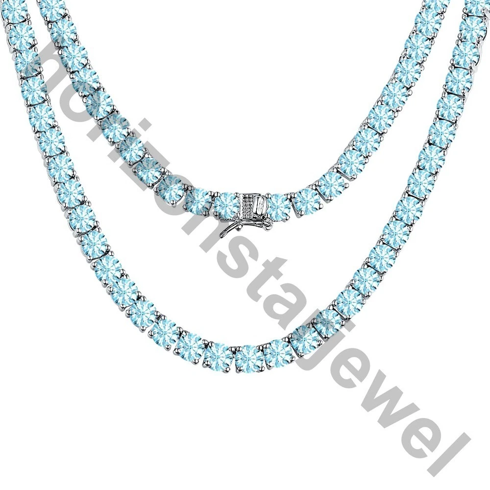 Collar Tenis 22" 5 MM 55 Ct Corte Redondo Aguamarina Oro Blanco 14K Sobre Foto 2 de 4