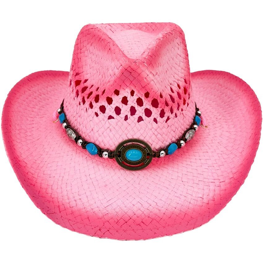 Adult Pink Straw COWBOY HAT w/ Turquoise Blue Beads  display picture 2