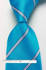 New Classic Striped Blue White JACQUARD WOVEN 100 Silk Men's Necktie Tie