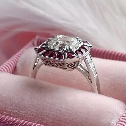 Art Deco Vintage Halo Engagement Ring 14K White Gold FN Minimalist Wedding Ring - Imagen 3 de 8