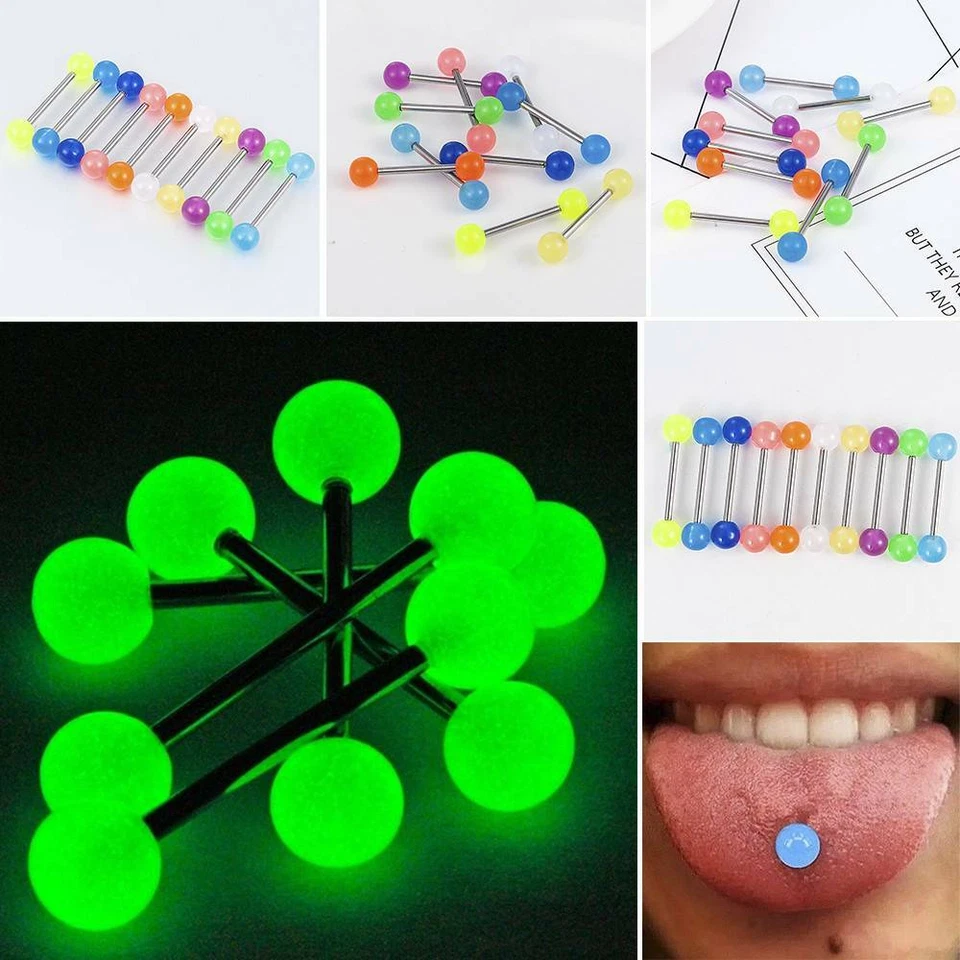 10 pcs Glow In The Dark Luminous Barbell Lip Tongue Rings Body Piercing Jewelry - Image 4 of 4