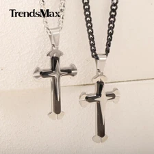 Mens Stainless Steel Cross Pendant Necklace 5MM 18"-30" Silver/Black Cuban Chain