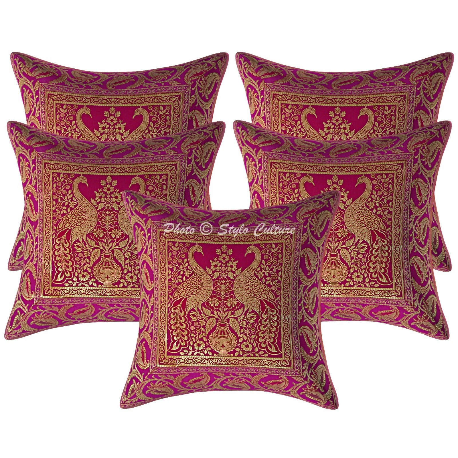 Boho Cushion Covers Magenta 40x40 cm Jacquard Brocade Peacock Throw Pillows