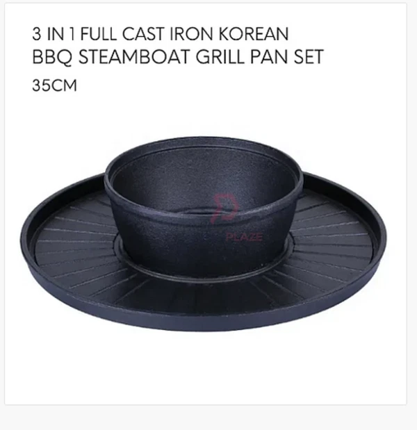 Korean BBQ Grill Steamboat Grill Pan Oden Party Set 35cm 2 in 1 Cast Iron