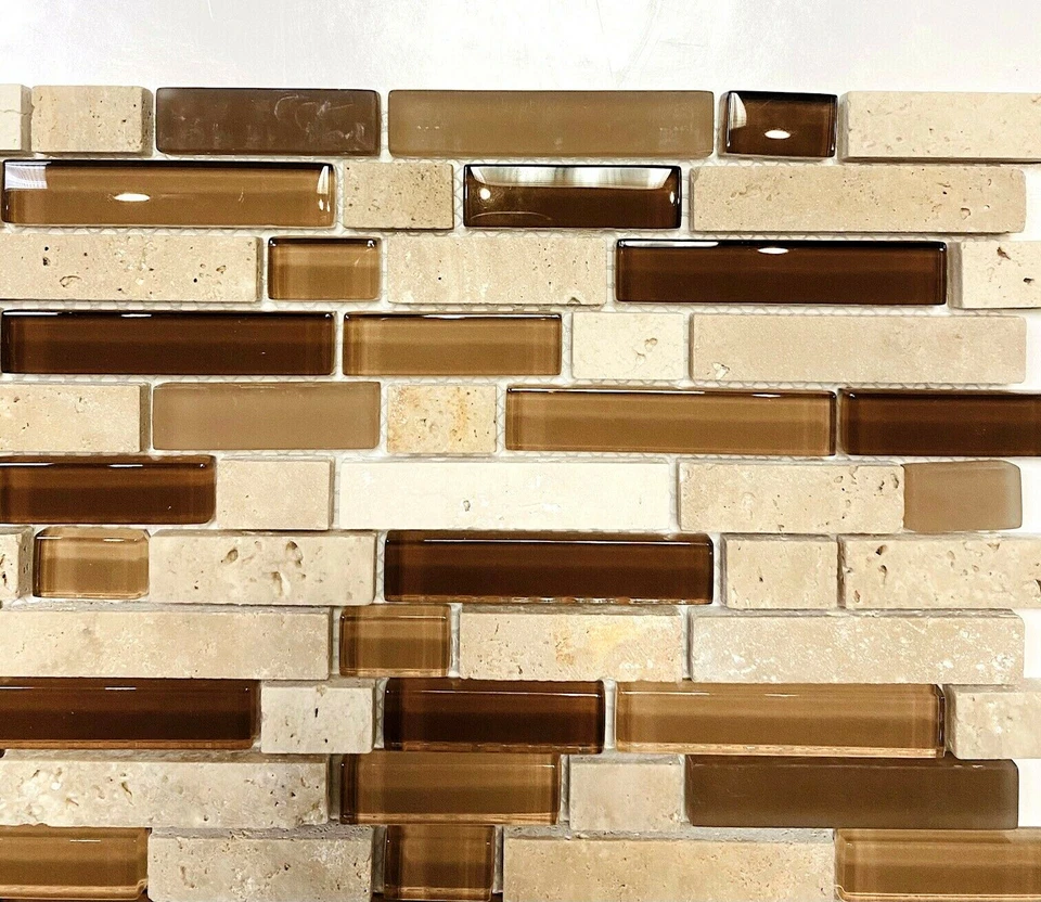 Vidrio de caramelo lineal aleatorio con mezcla de travertino marfil 11-3/4 pulgadas x 12-1/2 pulgadas x8mm Foto 4 de 4