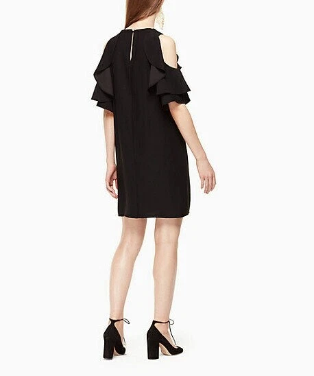 Abito Kate Spade spalle fredde piccolo nero crepe pezzi chiave cambio volant $298