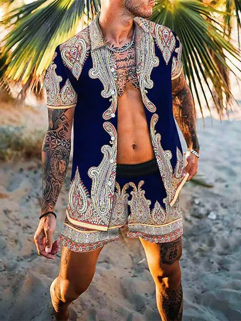 Men’s Shirt Baroque Vintage Blue White Beach Party Suit Tee Shorts SET
