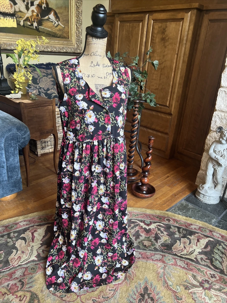 Black Pink Lilac Rose Goth Dark Cottage Core Maxi Dress Button Front M 38 46