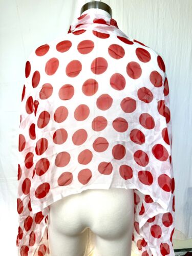 Vintage Chiffon Scarf Red White Bold Polka Dot Rayon Oversized  27”x 69" 1980s - Picture 1 of 3