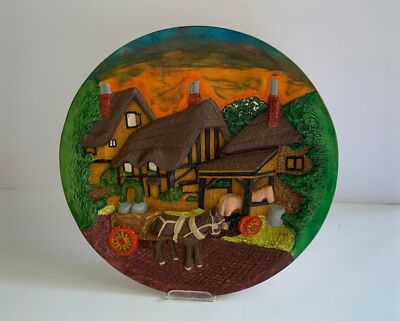 1970s Handpainted Mold Chalkware Plaster 3D Wall Plate Plaque Homestead Scene
