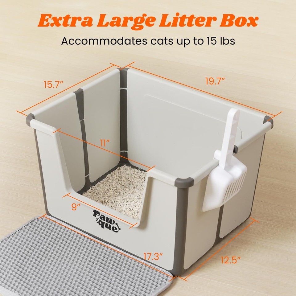 High Sides Large Cat Litter Box, Low Entry Open Top Foldable Portable