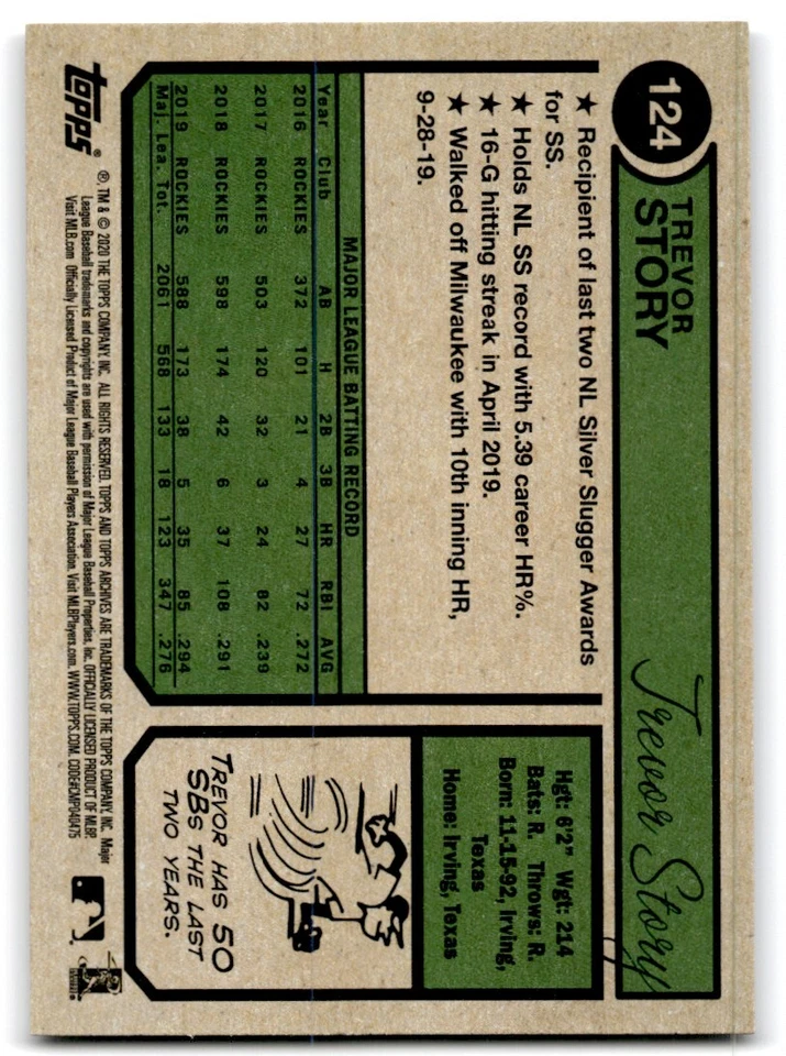 2020 Topps Archives Trevor Story Baseball Cards #124 - Image 2 of 2