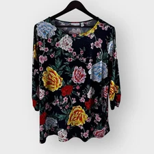 Susan Graver Liquid Knit Embellished Print Popover Top Black Multi Floral 3x