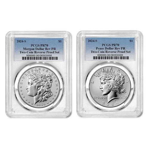 2024-S Reverse Proof $1 Morgan and Peace Silver Dollar 2pc Set PCGS PR70 Blue