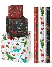  Christmas Kids Wrapping Paper - 3 Rolls 17" x 120" Kids Christmas Dinosaur