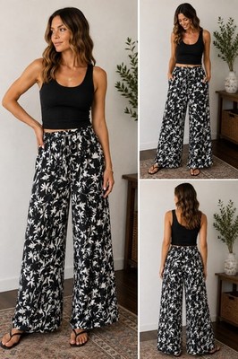 RD Style Women's Black White Floral Wide-Leg Pants Drawstring Elastic Waist S