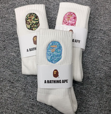 3 Pair Set Thick Crew Socks BAPE A Bathing Ape Camo Embroidered Unisex in White
